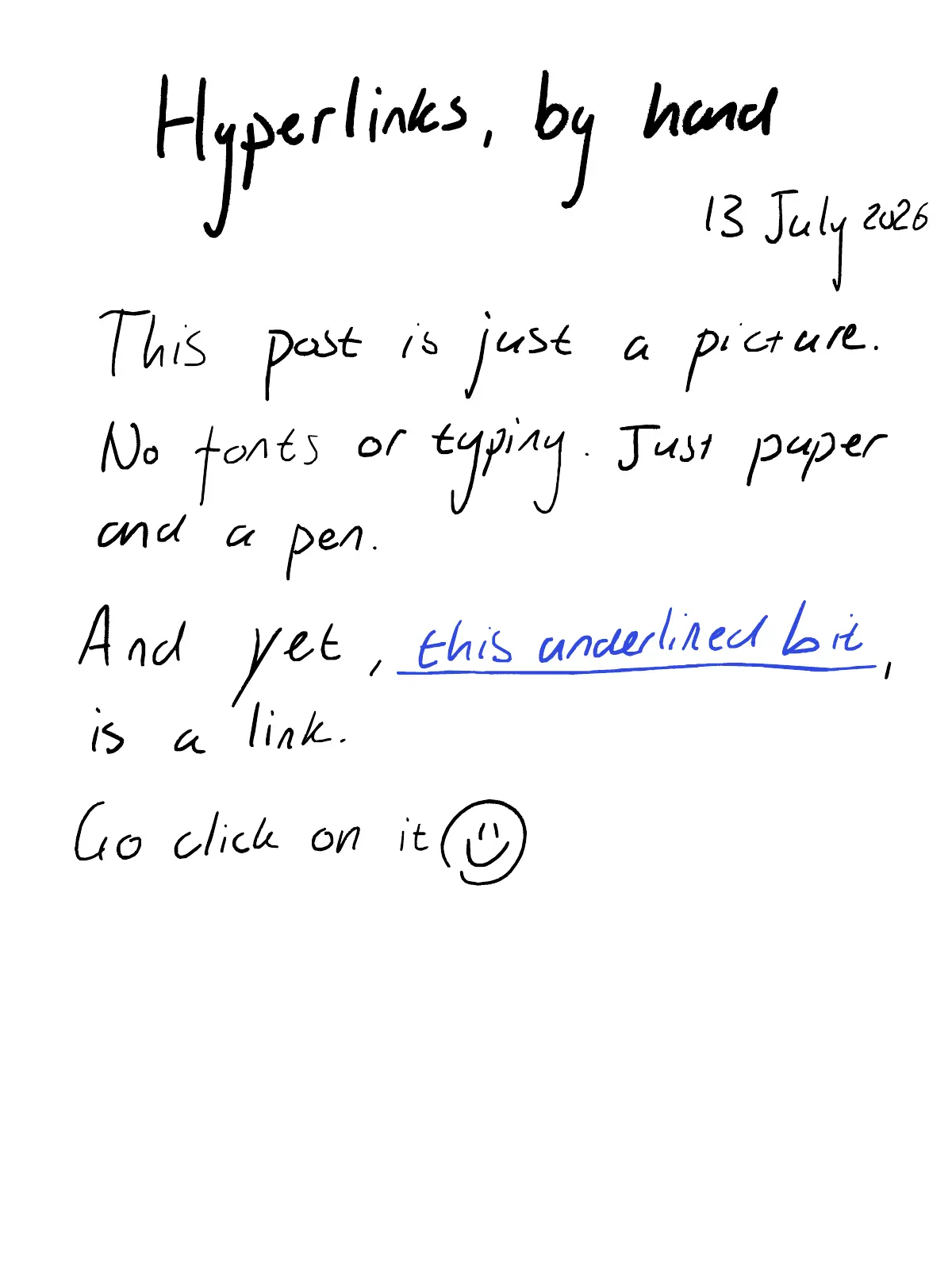 Hyperlinks, by hand, handwritten page 1
